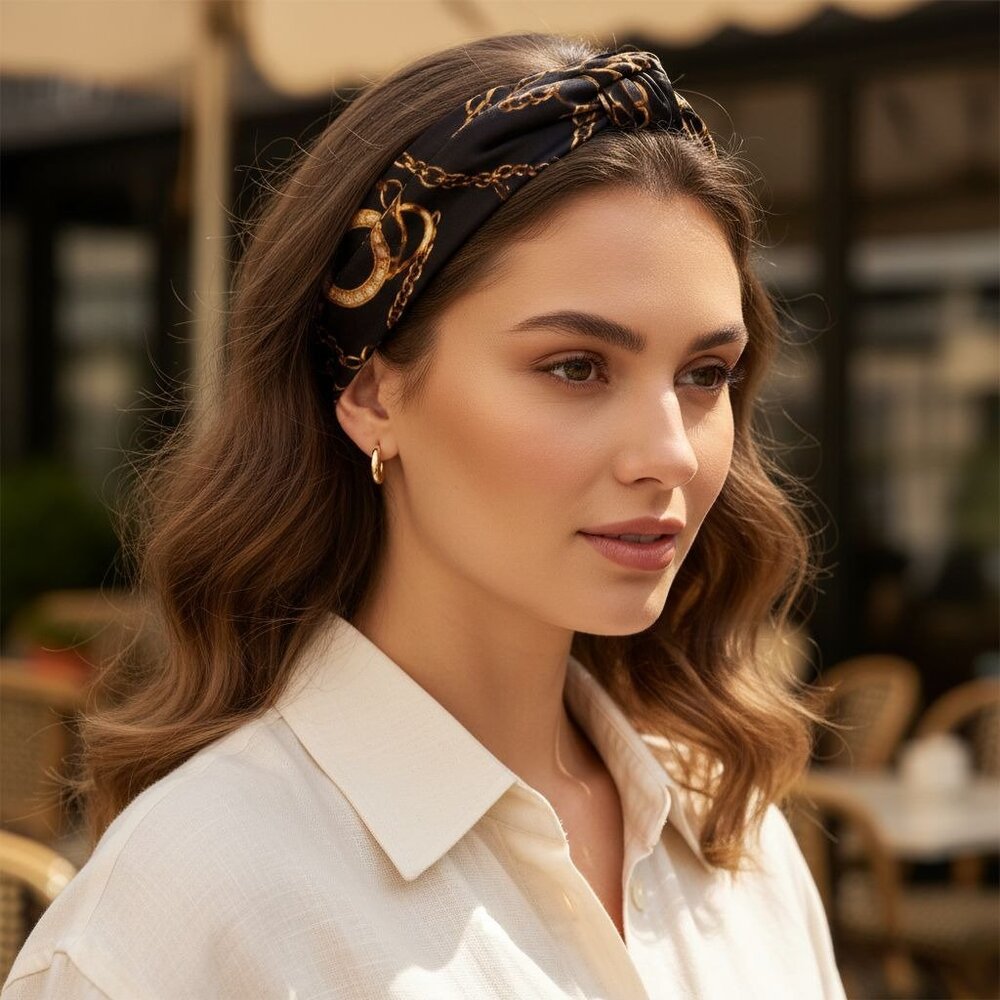 Black Gold Paris Chain Satin Square Scarf 20x20 Hair Neck Head Wrap - Picture 4 of 9